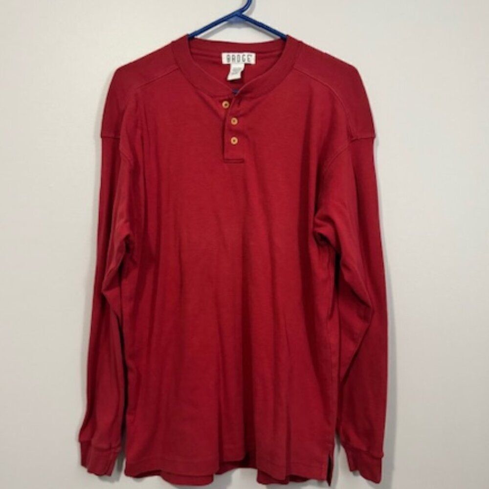USED Men's Badge Long Sleeve T Shirt Color Burgundy Size Large